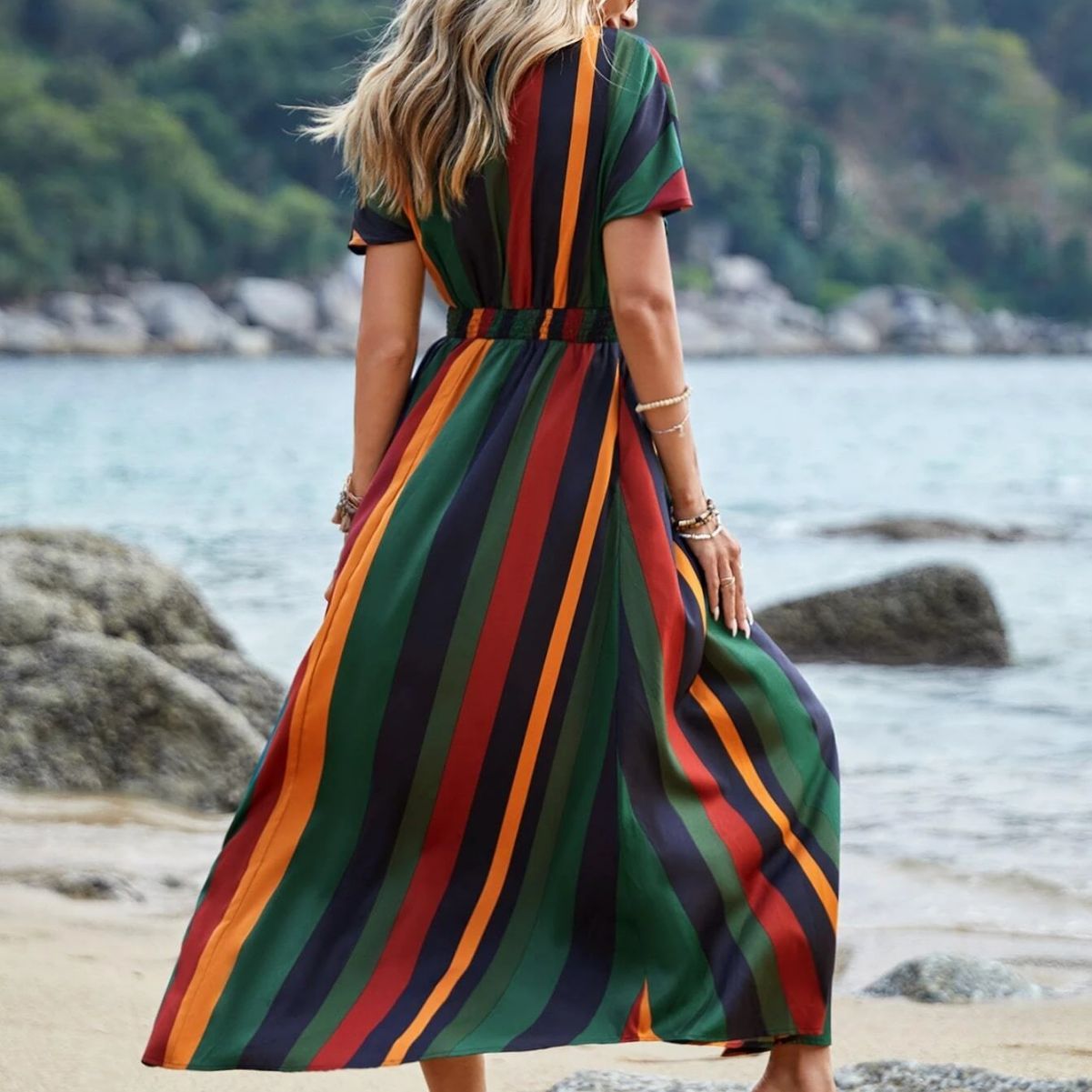 V-collar Contrast Color Striped Short Sleeve Holiday Waist Trimming Printing Maxi Dress