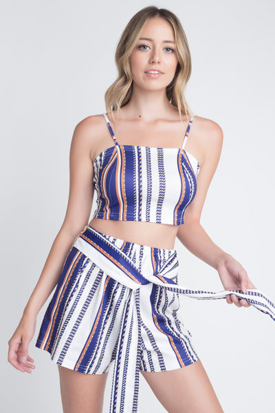 Women's Unique Stripe Printed 2pc Set na may Tie