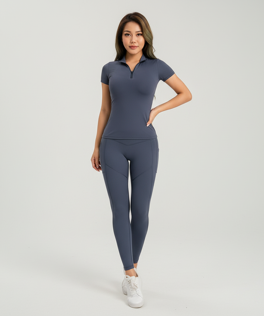 Women’s Half-Zip Short Sleeve Sports Top – Gym Workout Fitness T-Shirt