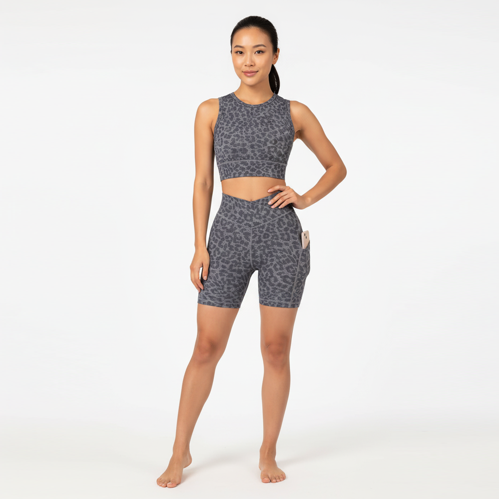 High Rise Sports Shorts for Women – Leopard Print Workout & Running Shorts with Pockets