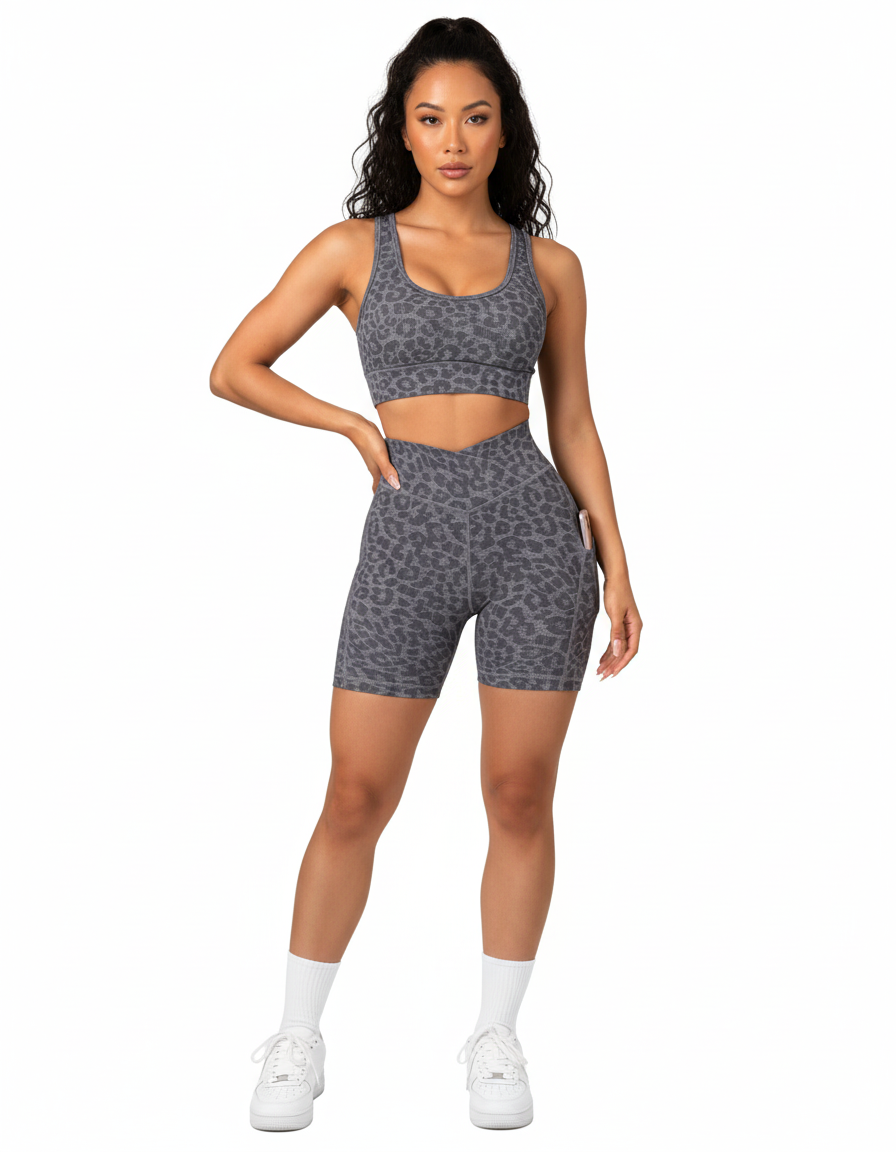 High Rise Sports Shorts for Women – Leopard Print Workout & Running Shorts with Pockets