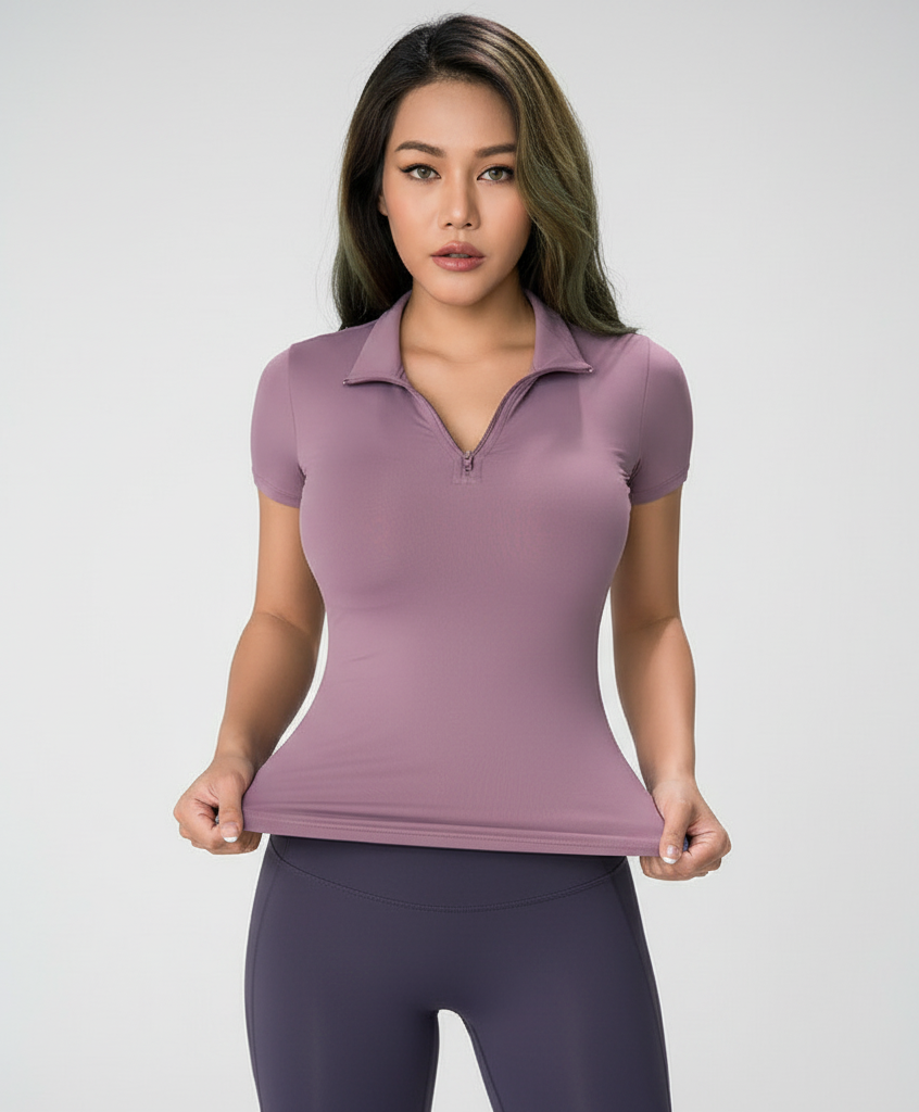 Women’s Half-Zip Short Sleeve Sports Top – Gym Workout Fitness T-Shirt