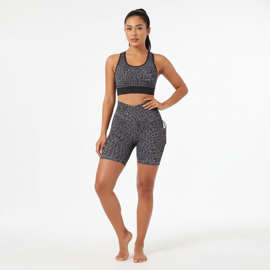 High Rise Sports Shorts for Women – Leopard Print Workout & Running Shorts with Pockets