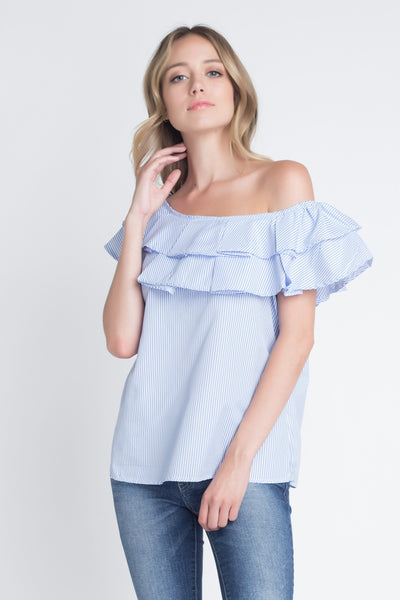 Pambabaeng Striped Off Shoulder Ruffle Stripe Blouse