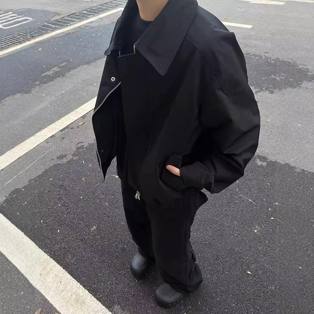 Unisex Wide Lapel Nylon Blend Jacket Korean Style Regular