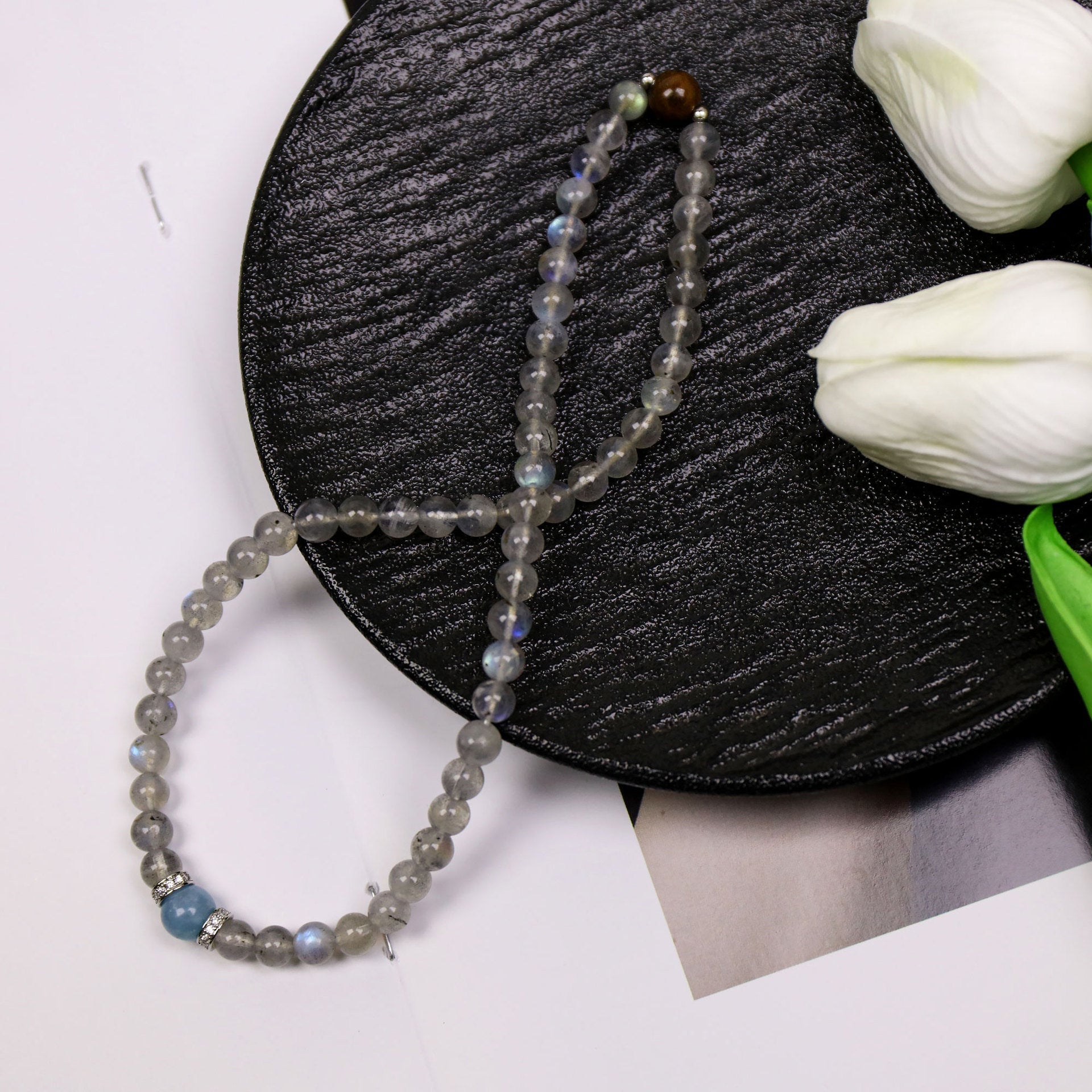 Women's Double Layer Gemstone Bracelet – Moonstone, Tiger Eye & Aquamarine