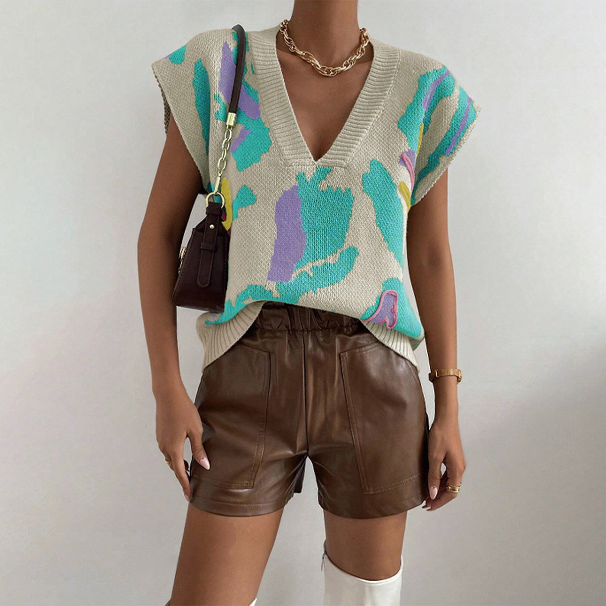 Unisex V-Neck Knitted Floral Jacquard Vest Polyester