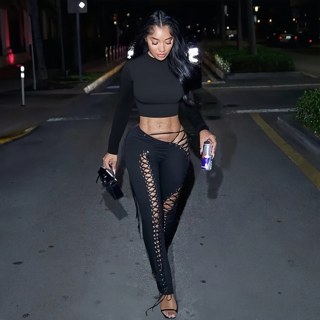 Women's Long-sleeved Top Sexy Cutout Lace-up Tight Trousers Two-piece Set
