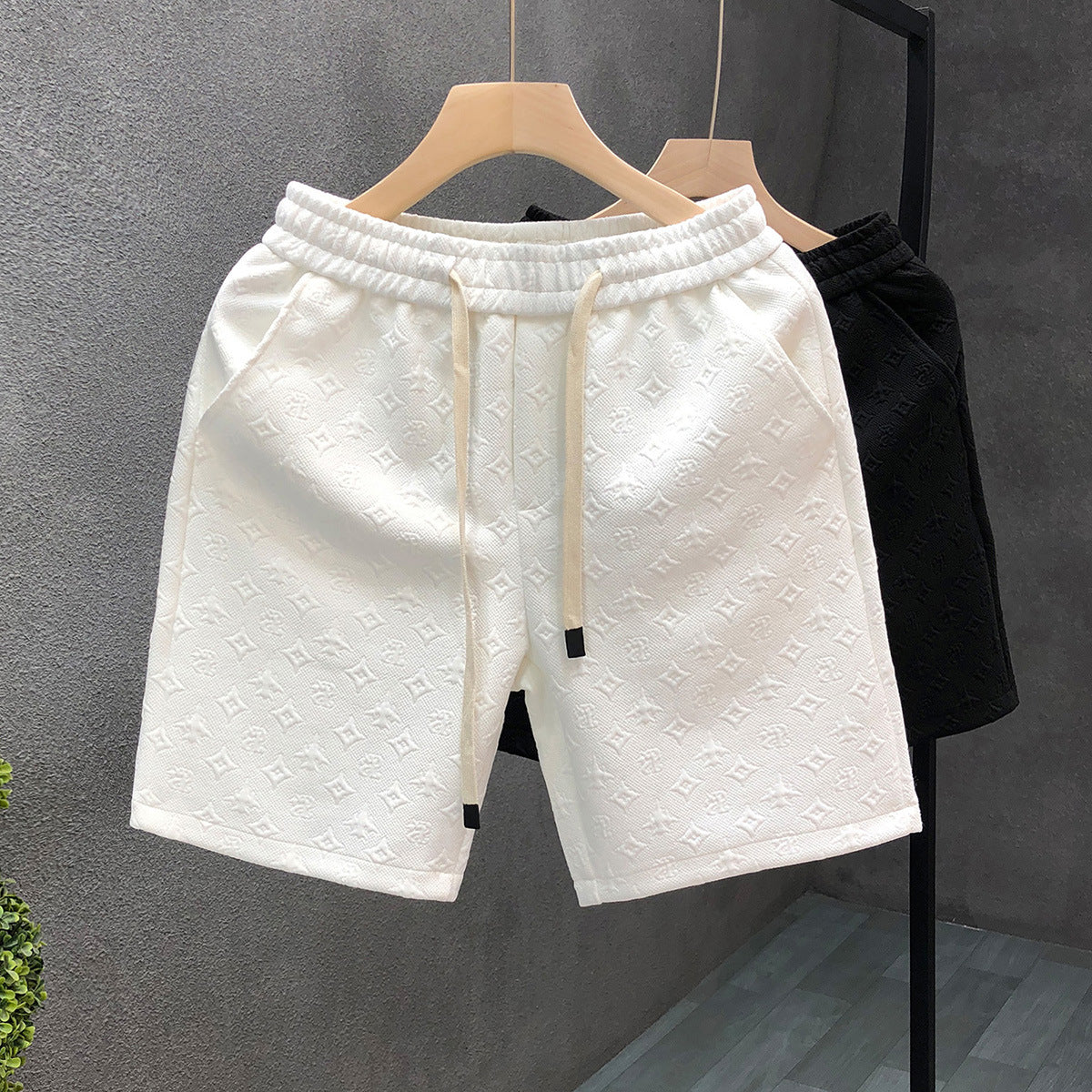 Men's White Jacquard Shorts Nylon Polyester Straight Fit