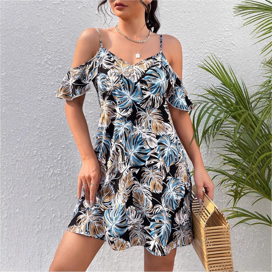 Sexy Casual Printing Short Sleeve Strappy Dress