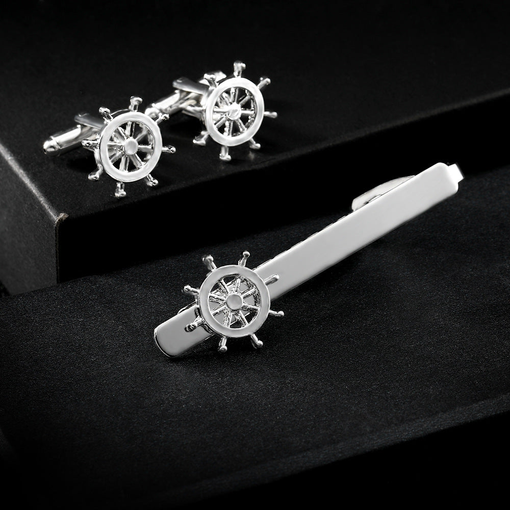 Men's Rudder Cufflinks and Tie Clip Set