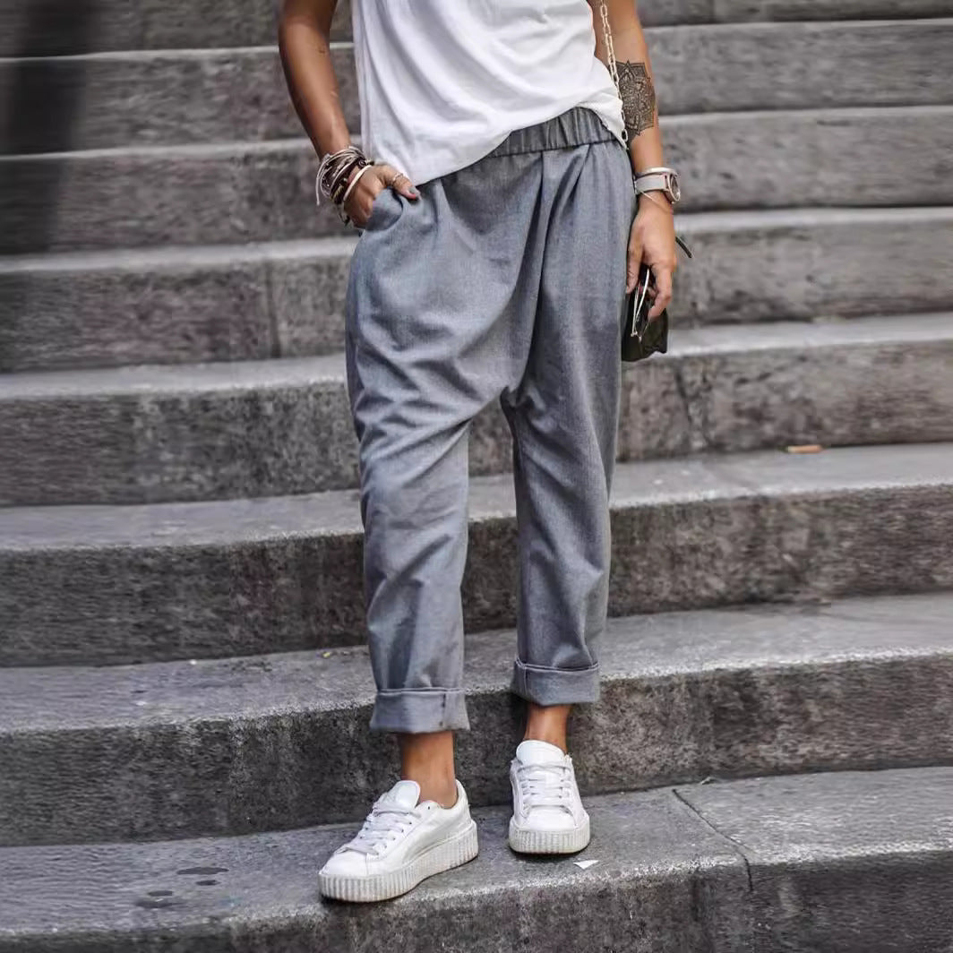 Women’s Casual Harem Pants with Pockets – Elastic High Waist Fashion Streetwear Trousers