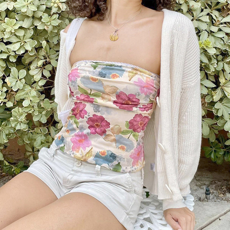 Gentle And Romantic Vacation Style Floral Off-the-neck Tube Top For Women