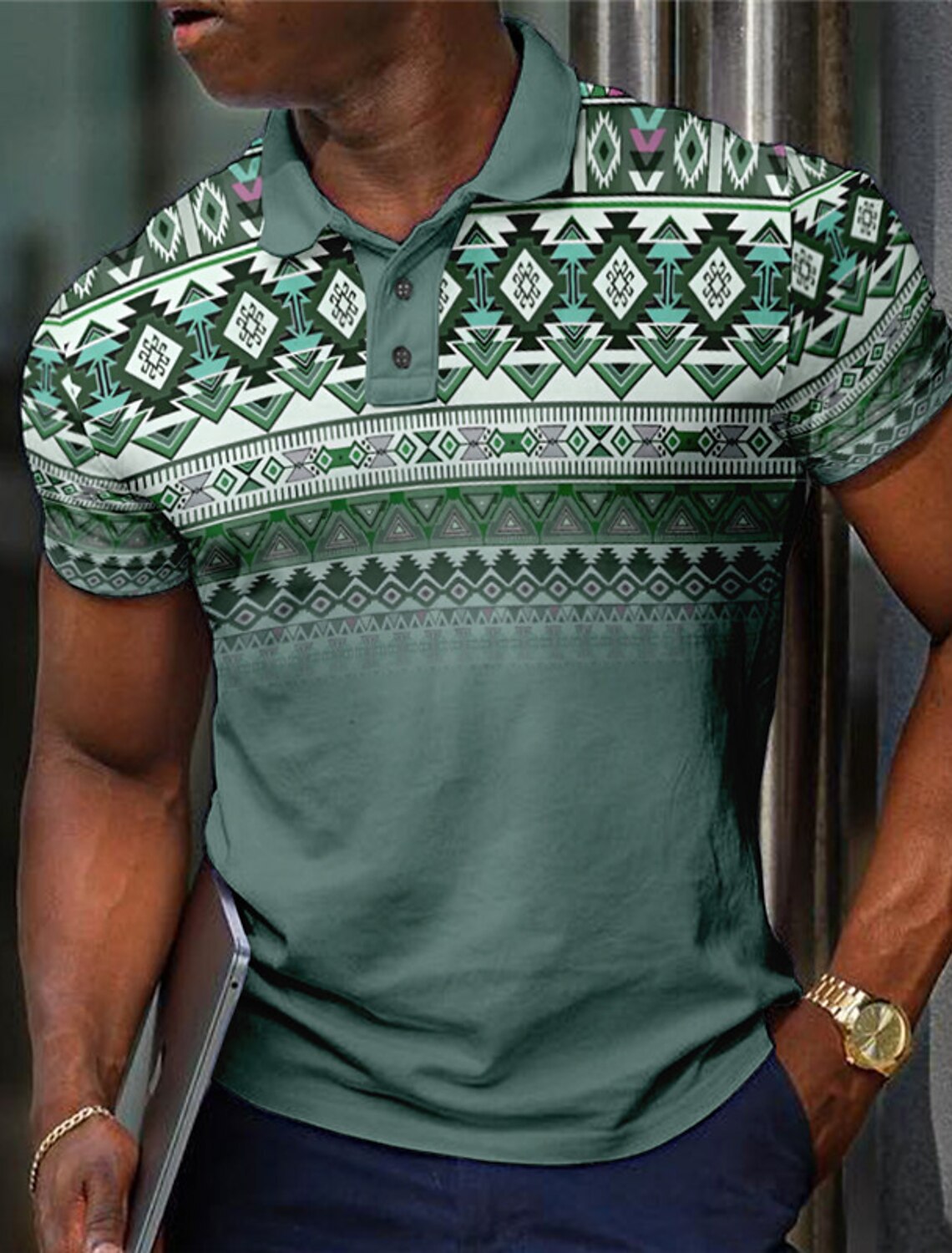 Unisex Striped Short Sleeve Polo Relaxed Fit Polyester