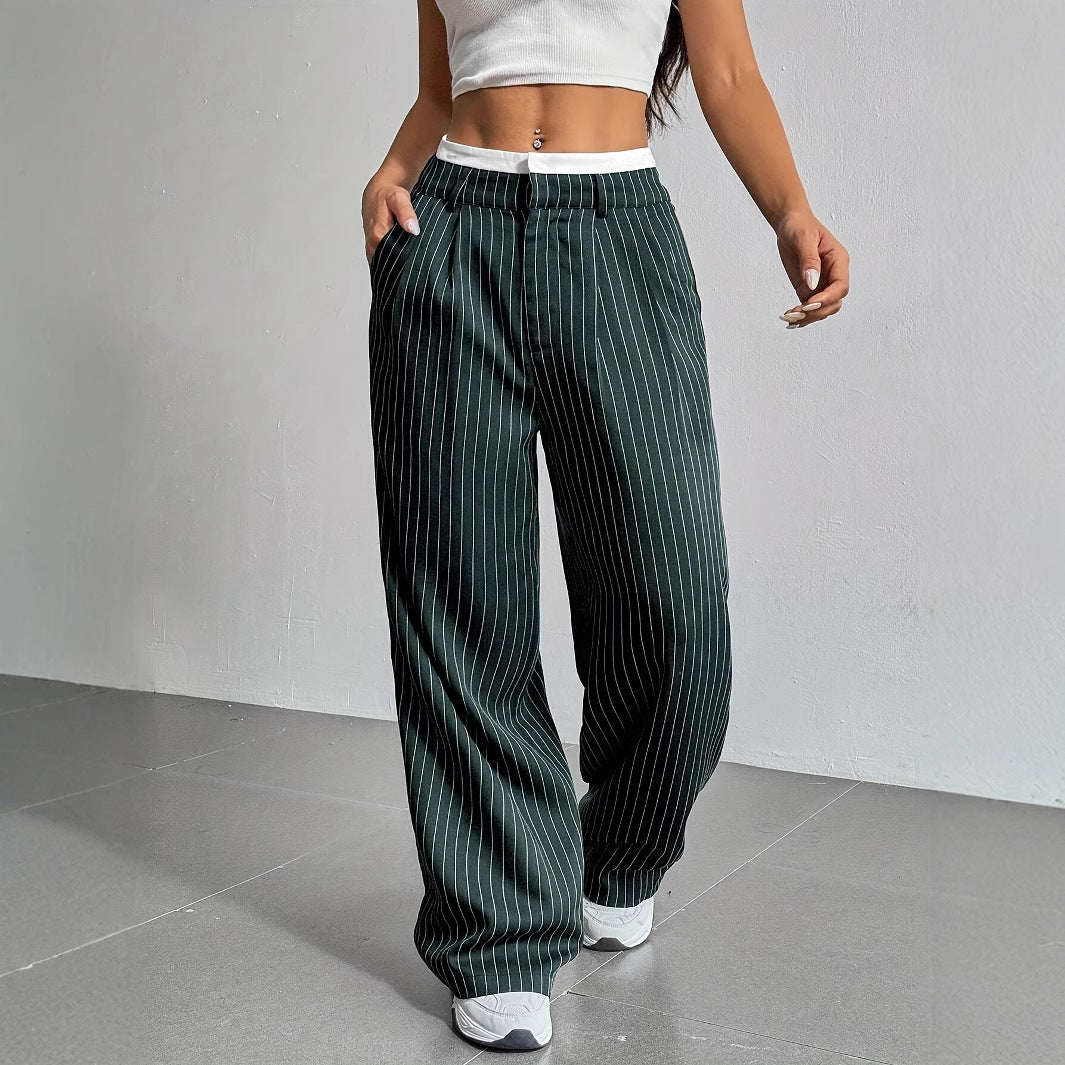 Women’s Striped Suit Pants – High-Waist Straight-Leg Trousers with Pockets & Zipper