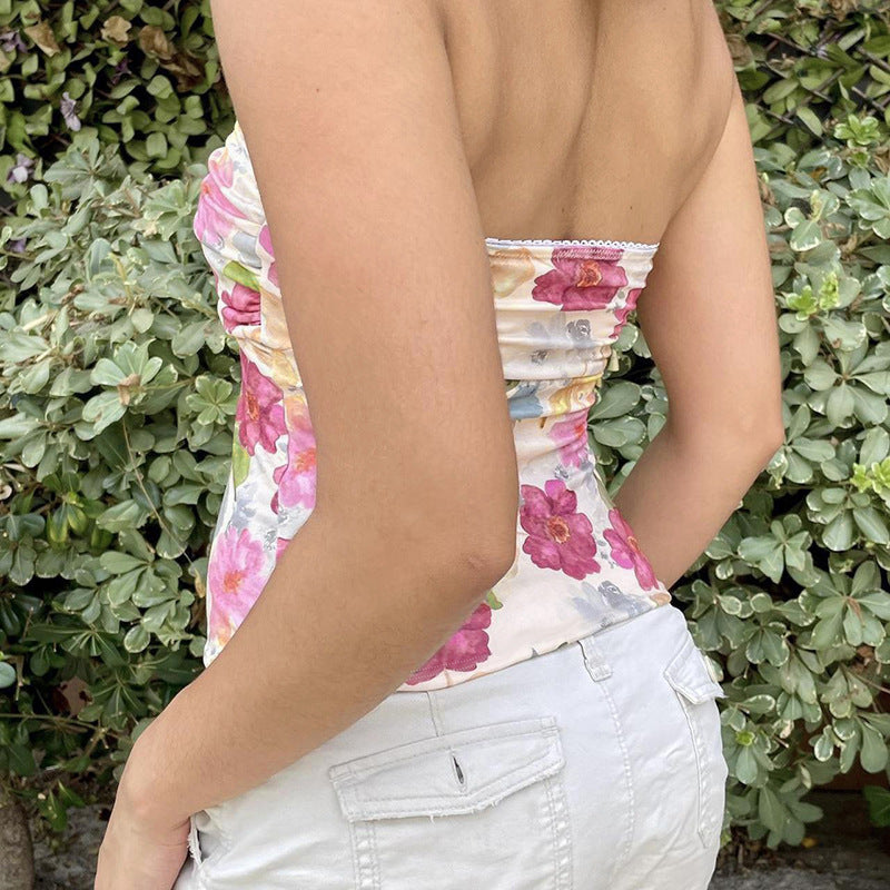 Gentle And Romantic Vacation Style Floral Off-the-neck Tube Top For Women
