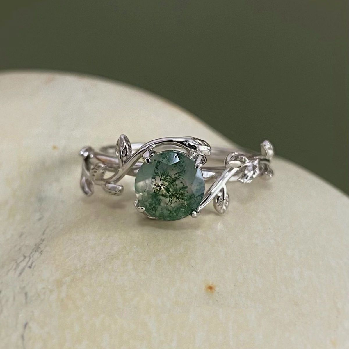 S925 Silver Plated Green Moss Stone Water Plants Agate Open Ring