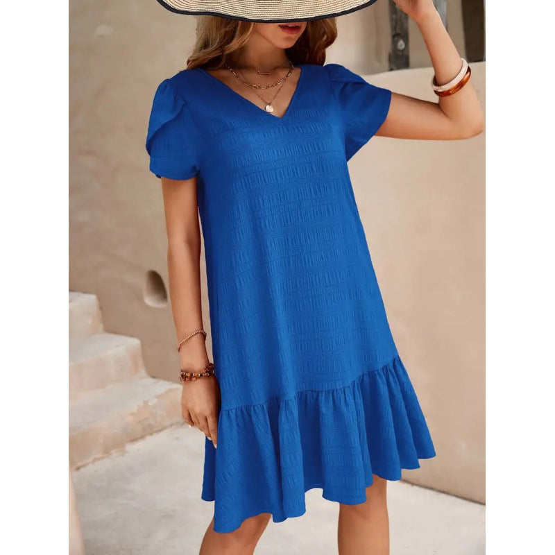 V-neck Solid Color Loose Casual Short Sleeve Dress