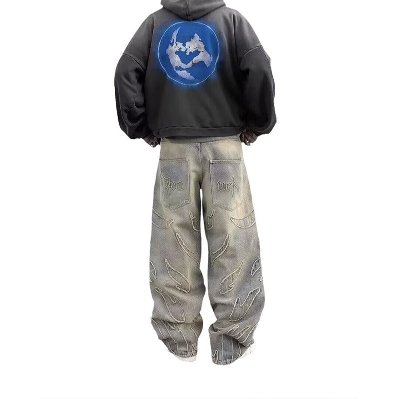 Men’s Embroidered Jeans – Retro Bat Pattern Lazy Loose Denim Pants