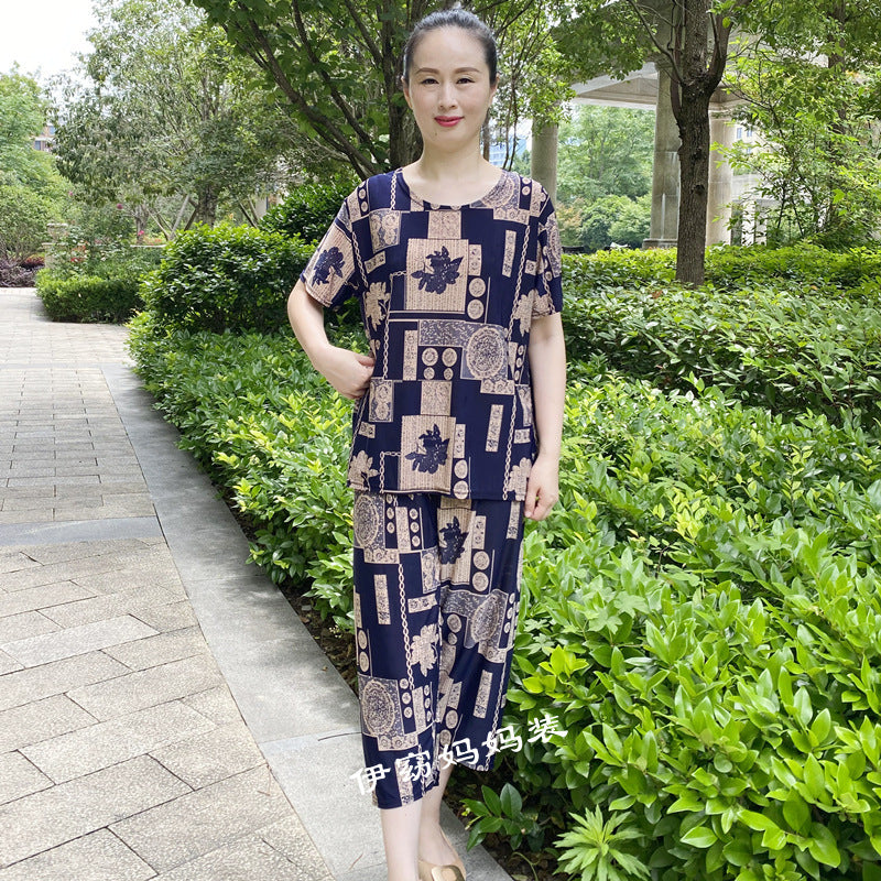 New Plus Size Loose Elastic Short Sleeve Two-piece Suit Middle-aged And Elderly Casual Homewear