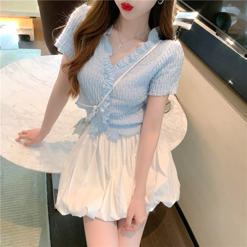 Casual All-match Blue Short-sleeved T-shirt For Women
