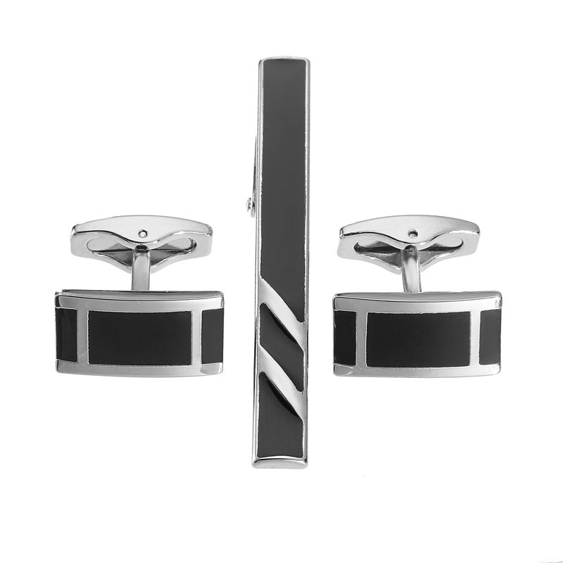 Black Enamel Silver Diagonal Stripes Tie Clip and Cufflink Set