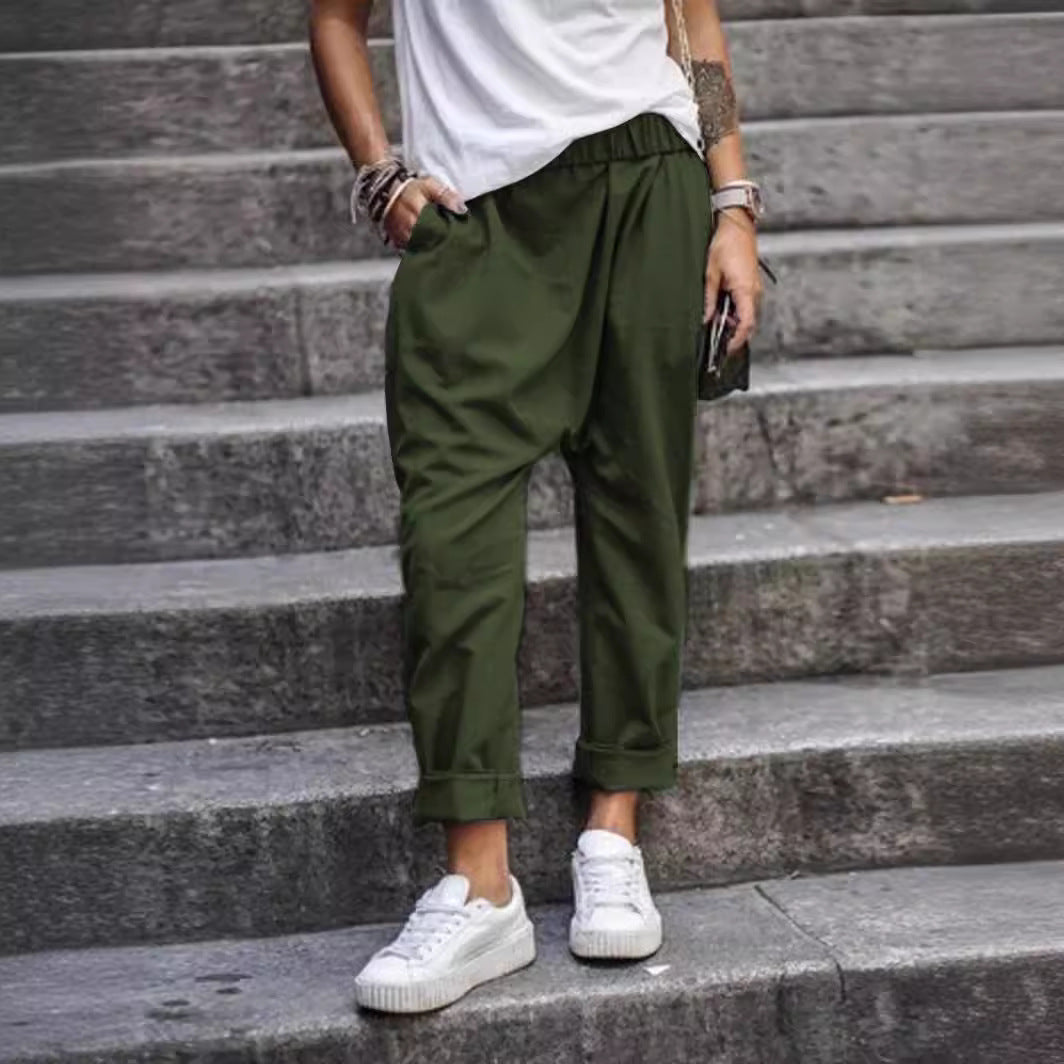 Women’s Casual Harem Pants with Pockets – Elastic High Waist Fashion Streetwear Trousers
