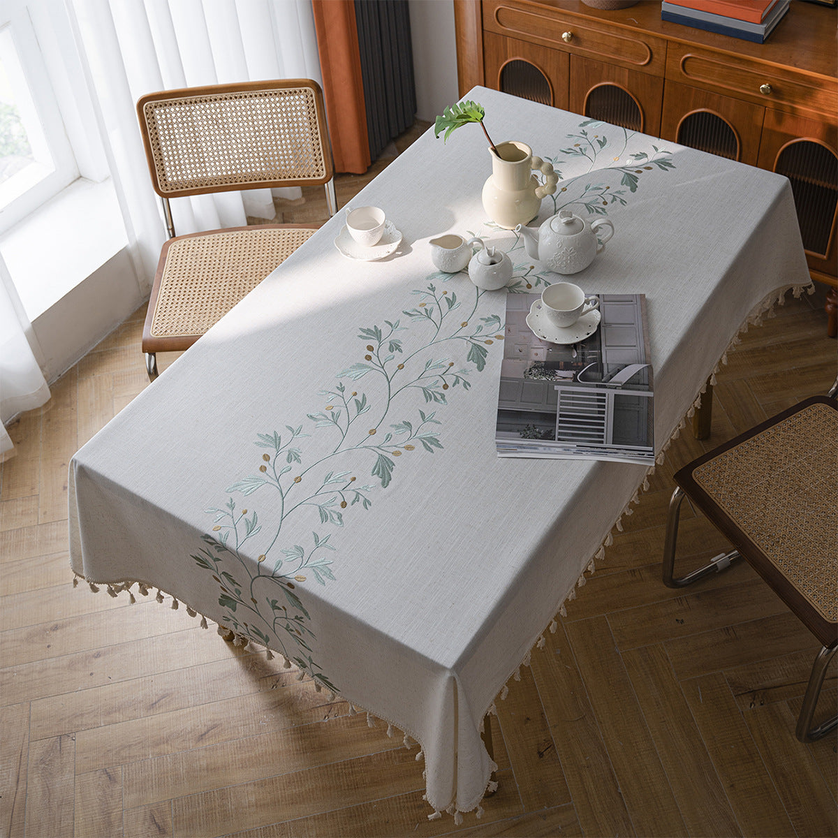 Flower Embroidered Tablecloth Knitted Fabric Rectangular