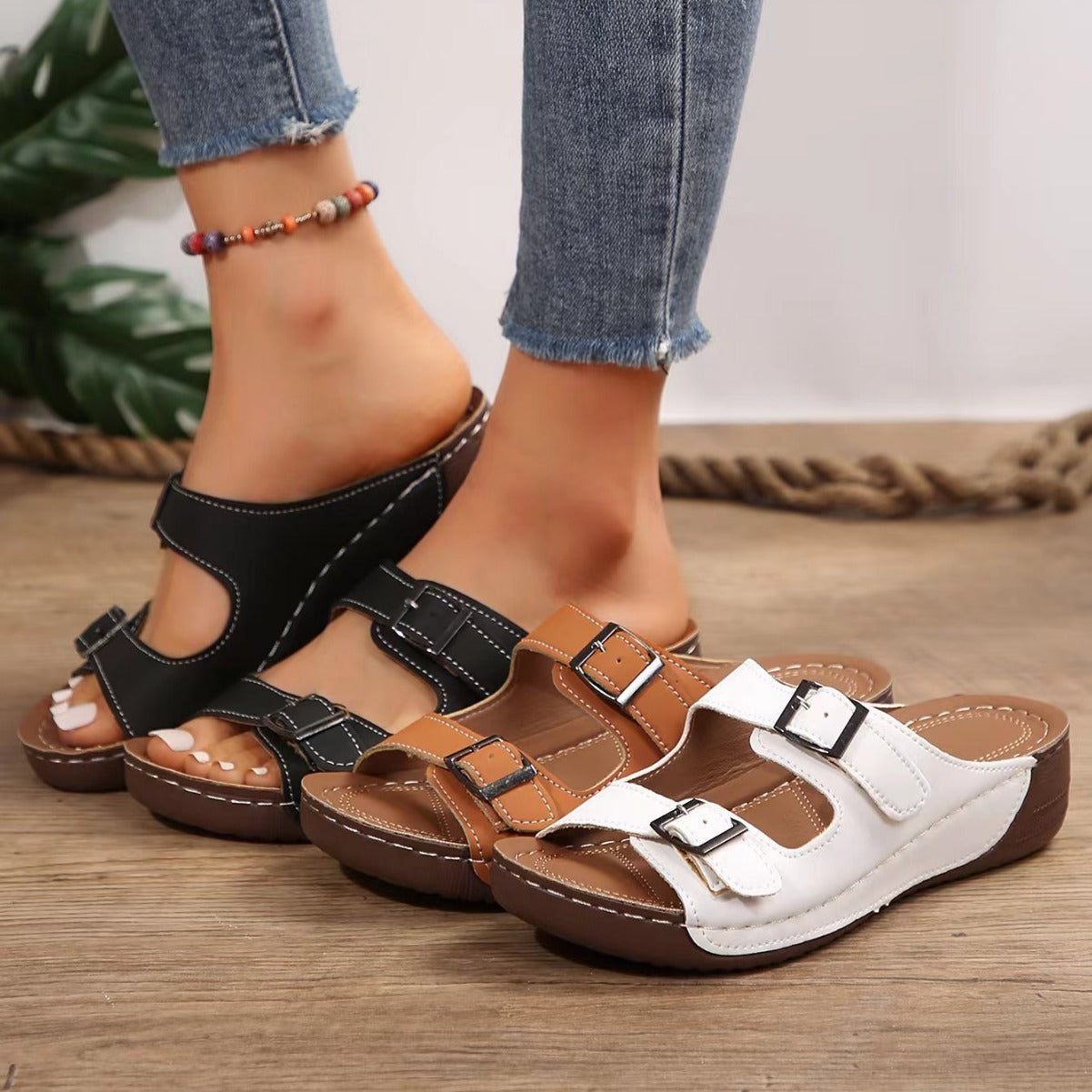 Womens Platform Wedge Slippers Cowhide Upper Casual Sandals