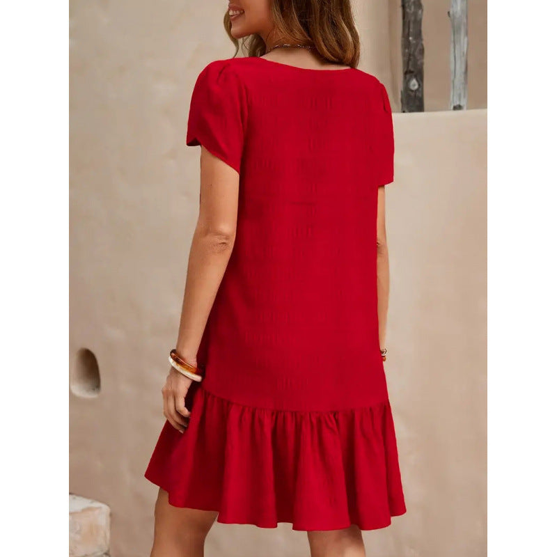 V-neck Solid Color Loose Casual Short Sleeve Dress