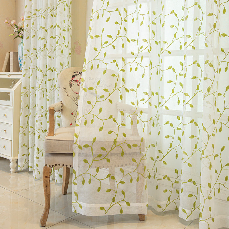 Embroidered Green Leaf Mesh Curtains