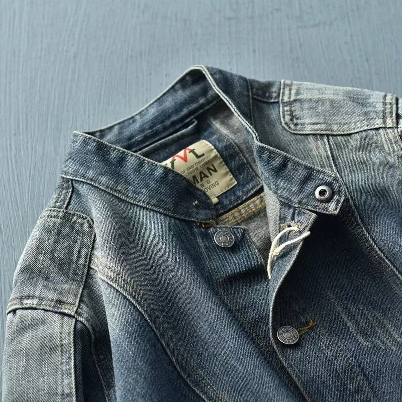 Men’s Retro Cowboy Stitching Jacket – Stand Collar Overall-Inspired Coat