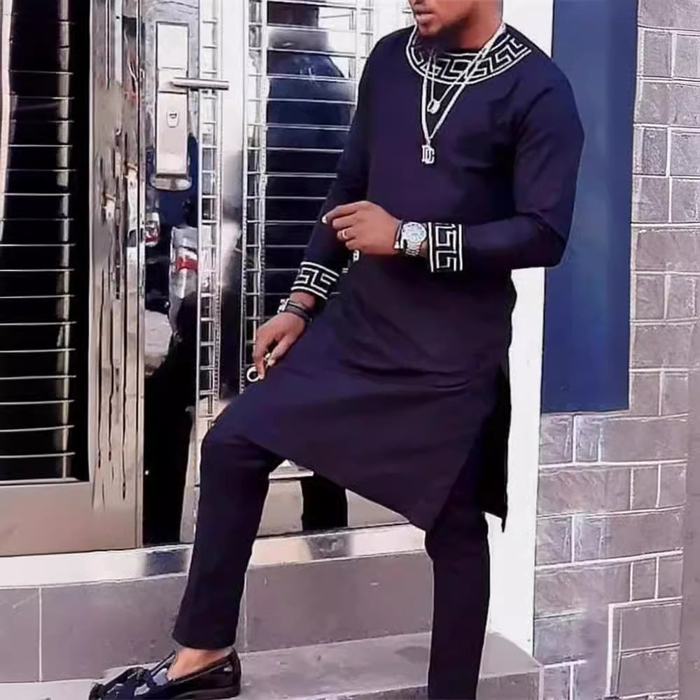 Men's Printed Long-sleeved Top Trousers African Suit