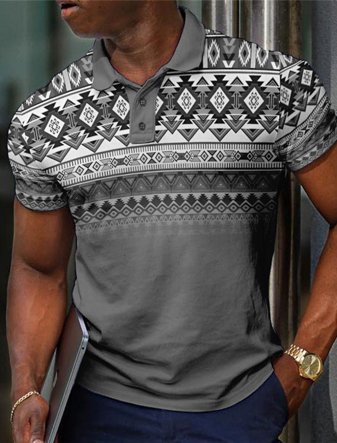Unisex Striped Short Sleeve Polo Relaxed Fit Polyester