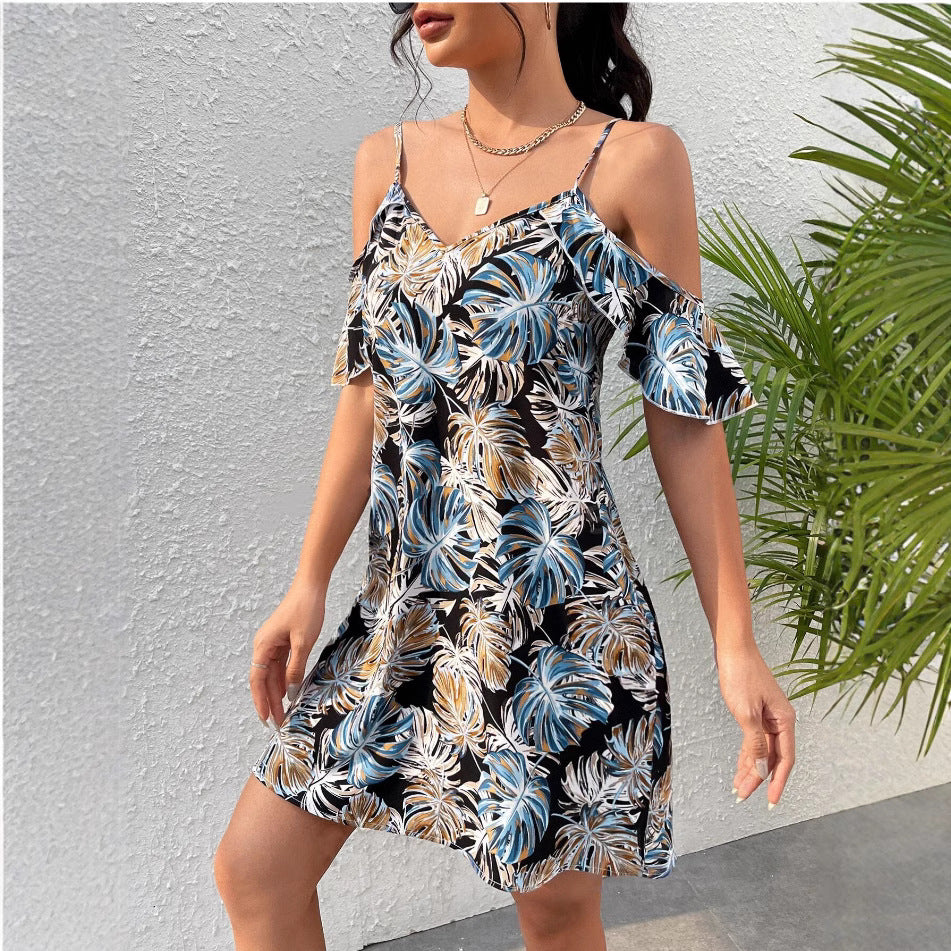 Sexy Casual Printing Short Sleeve Strappy Dress