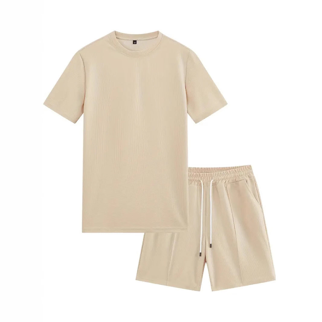 Waffle Texture Short Sleeve Blouse And Pants Men's Summer