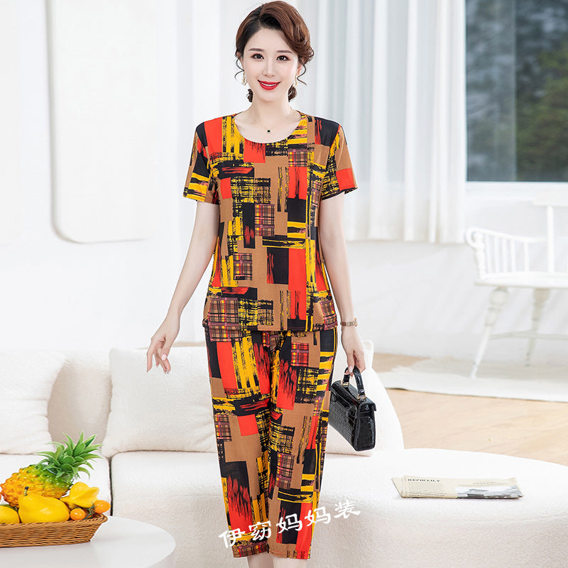 New Plus Size Loose Elastic Short Sleeve Two-piece Suit Middle-aged And Elderly Casual Homewear