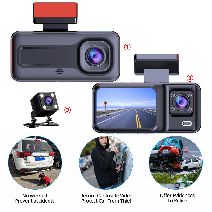 3-Lens Dash Cam – 1080P HD Night Vision Car DVR Recorder