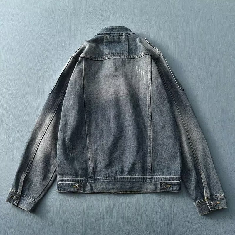 Men’s Retro Cowboy Stitching Jacket – Stand Collar Overall-Inspired Coat