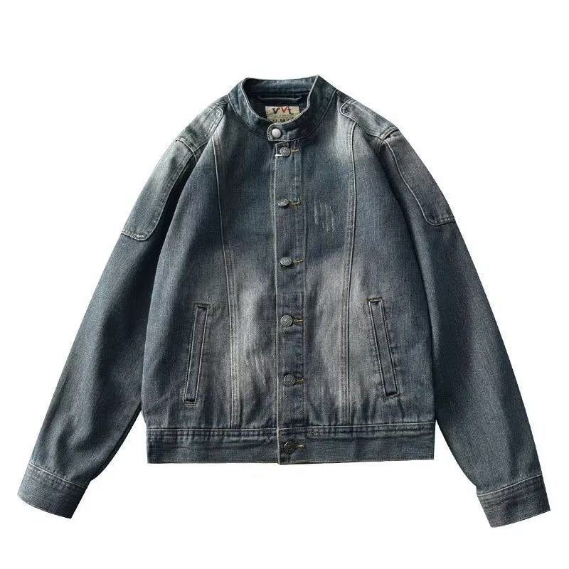Men’s Retro Cowboy Stitching Jacket – Stand Collar Overall-Inspired Coat