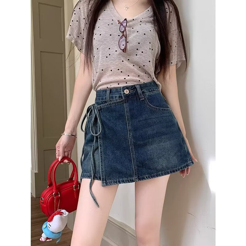 Fake Two-Piece Denim Shorts – Summer A-Line High Waist Irregular Style