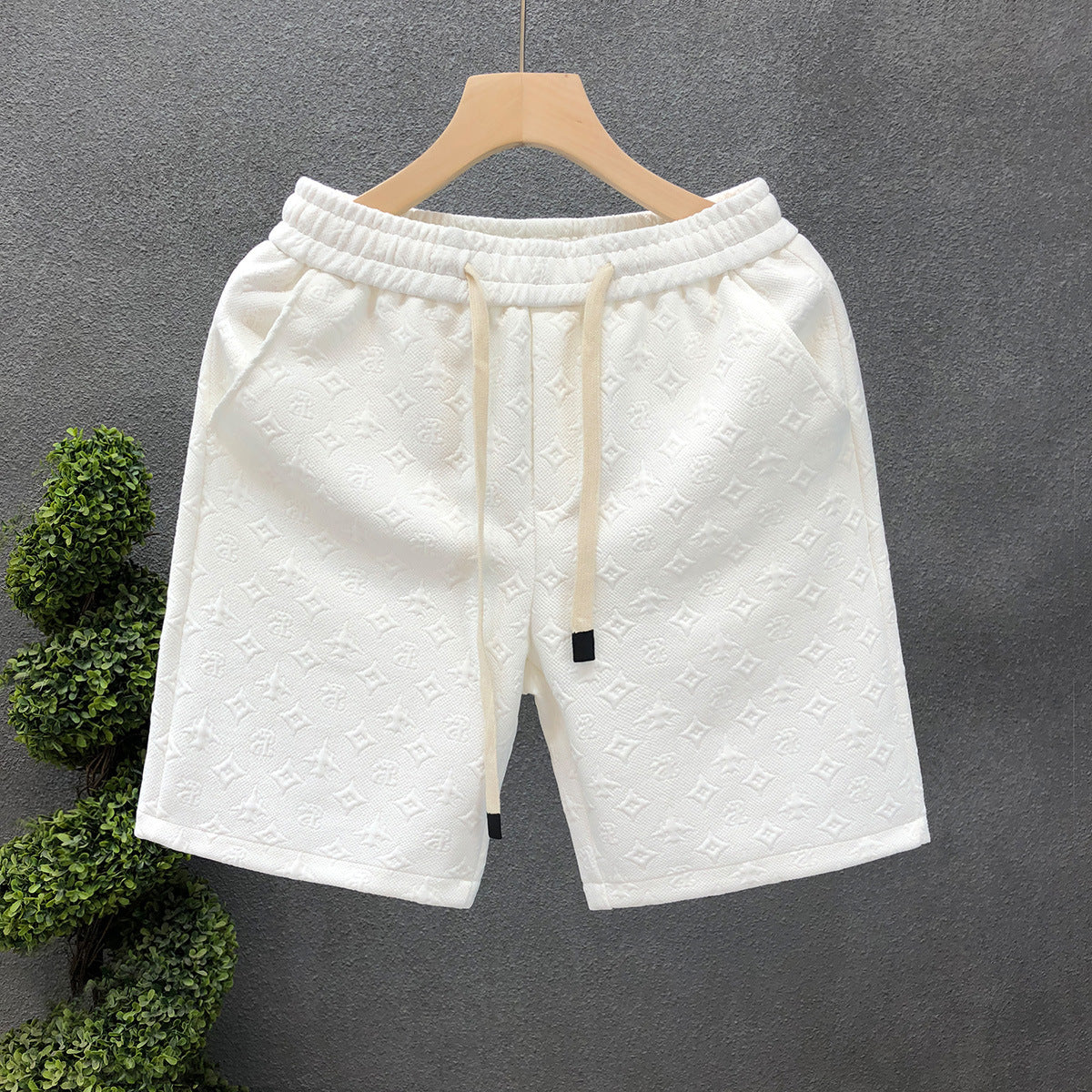 Men's White Jacquard Shorts Nylon Polyester Straight Fit