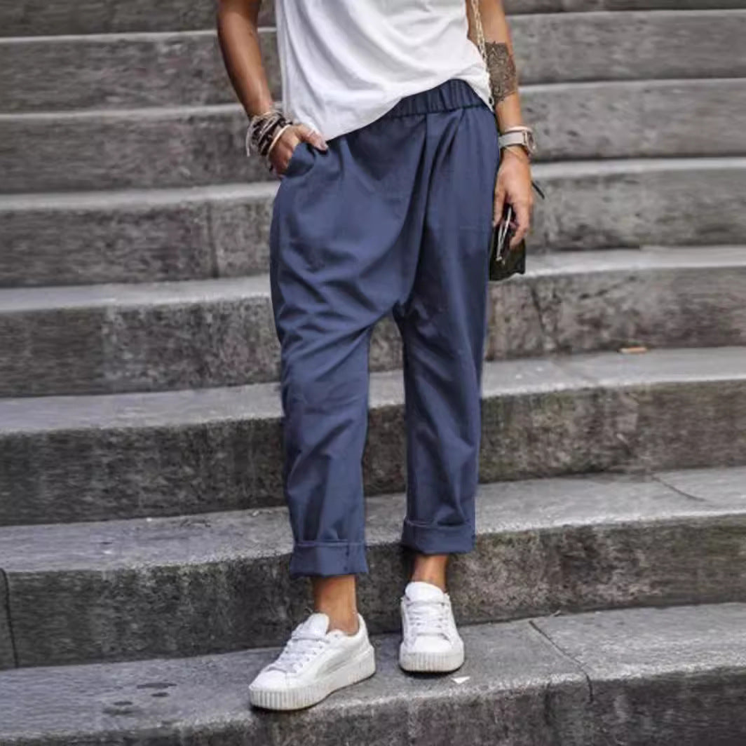 Women’s Casual Harem Pants with Pockets – Elastic High Waist Fashion Streetwear Trousers