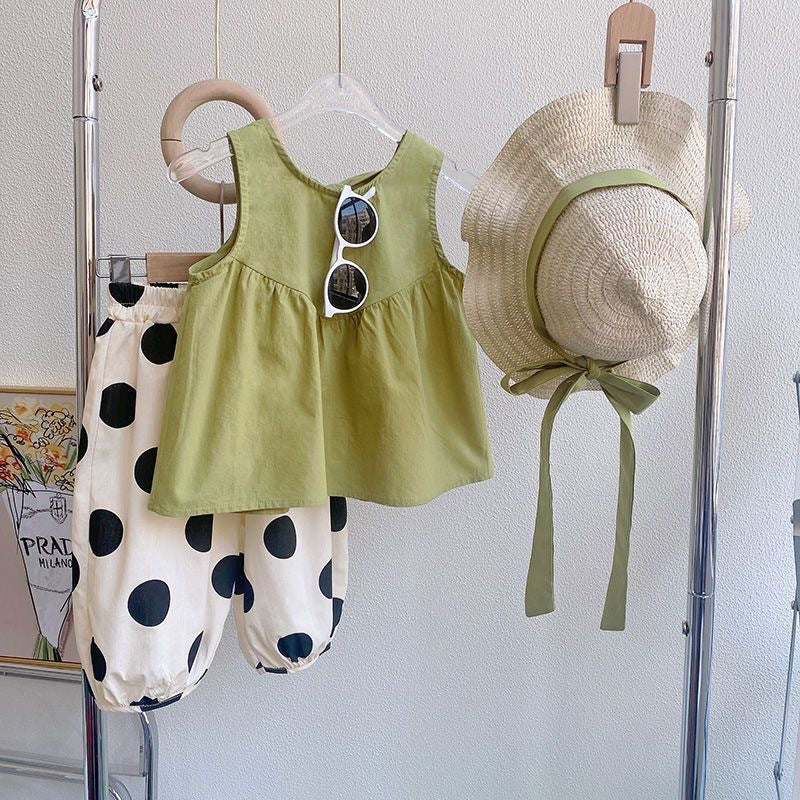 Girls' Fashionable Vest Polka Dot Bloomers Sleeveless Suit