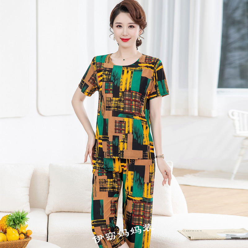 New Plus Size Loose Elastic Short Sleeve Two-piece Suit Middle-aged And Elderly Casual Homewear
