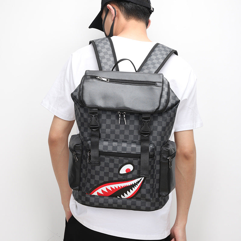 Unisex Checkered PU Leather Casual Backpack Large Capacity