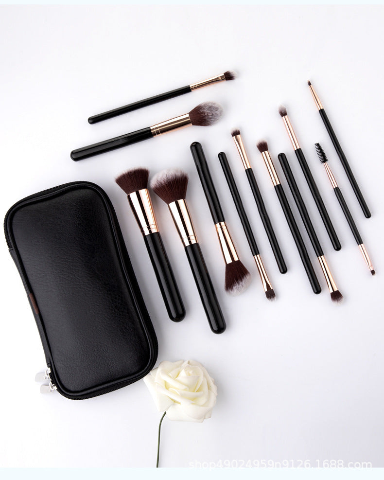 12-Piece Makeup Brush Set – Nylon Synthetic Fiber Brushes with Long Plastic Handles, Includes Storage Bag