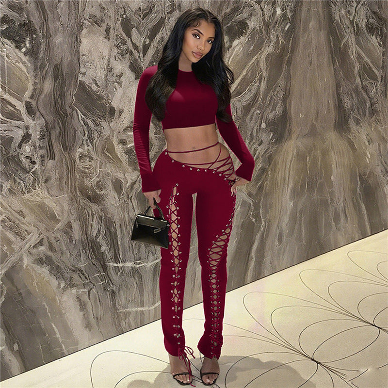Women's Long-sleeved Top Sexy Cutout Lace-up Tight Trousers Two-piece Set