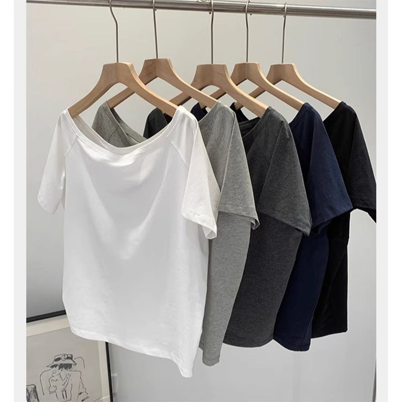 Women's Off-Neck Oblique Shoulder Cotton Top Loose Fit