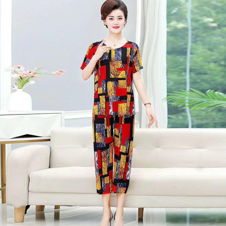 New Plus Size Loose Elastic Short Sleeve Two-piece Suit Middle-aged And Elderly Casual Homewear
